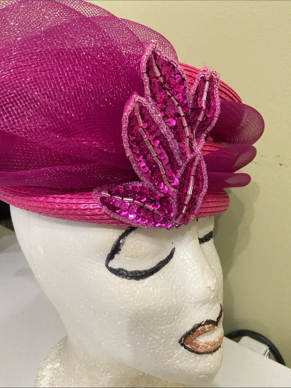 Raspberry Sequin Leaf Fascinator Hat